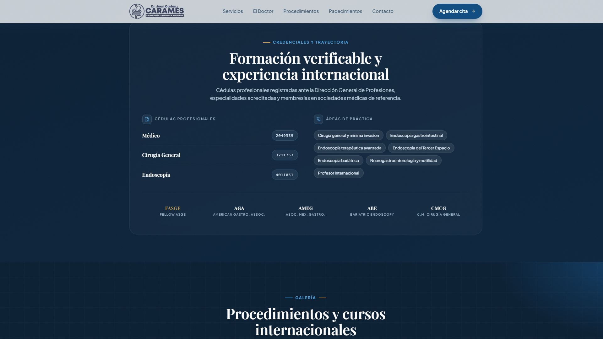 Dr. Caramés · bloque de credenciales con cédulas profesionales y membresías