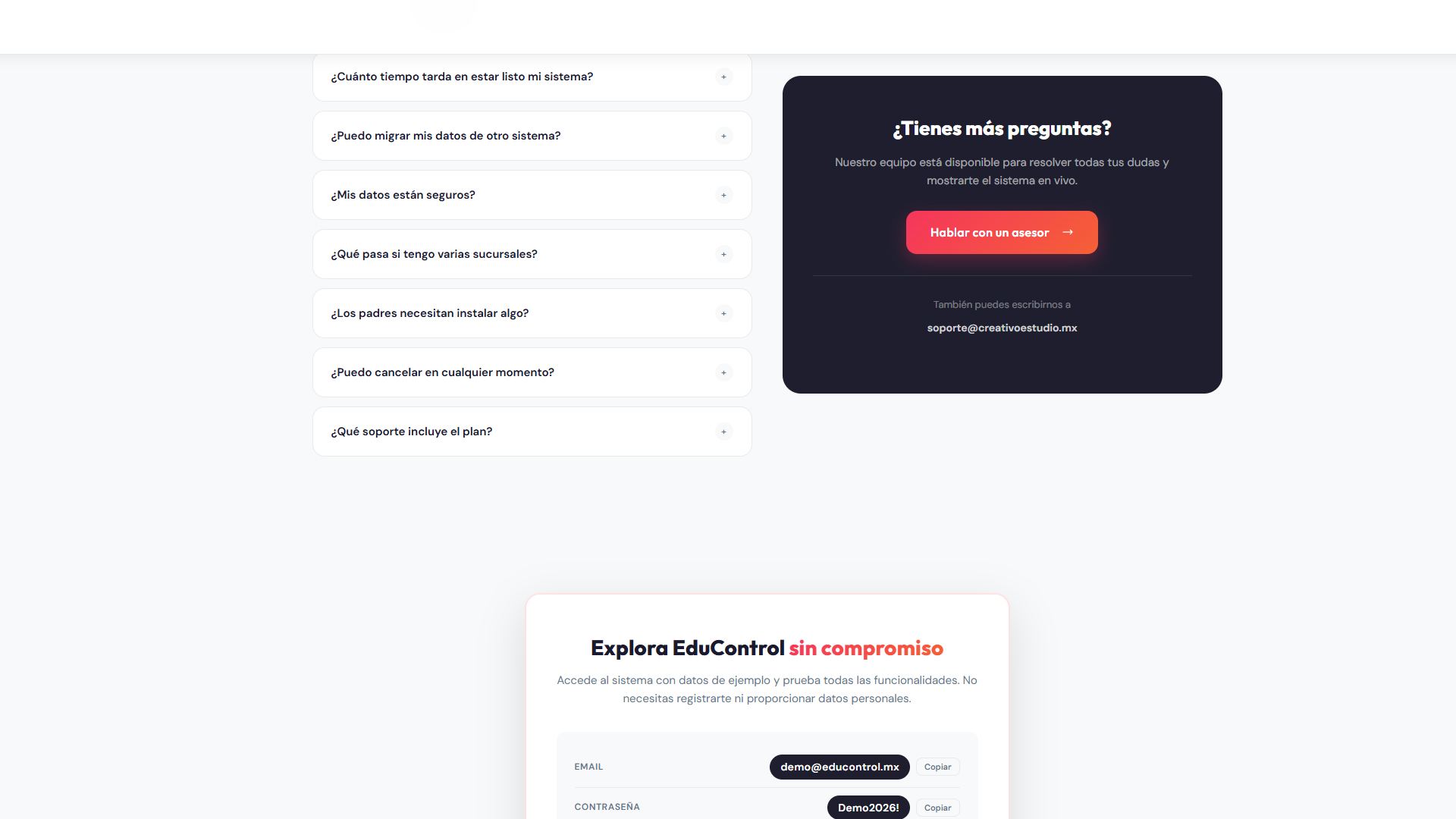 EduControl · planes de contratación